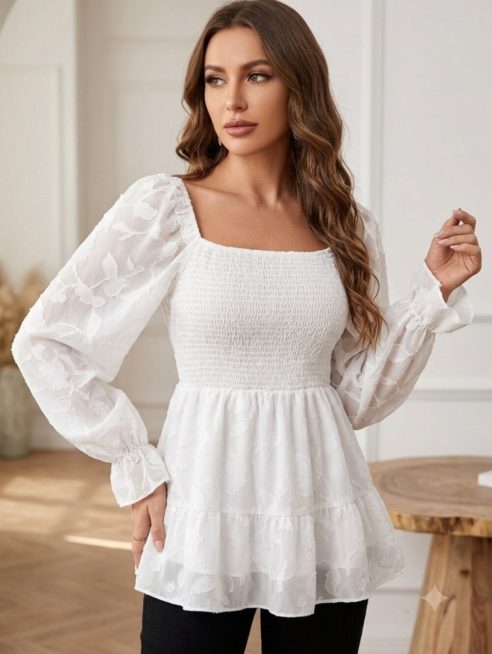 SHEIN‎ White Smocked Peasant Long Sleeve Blouse